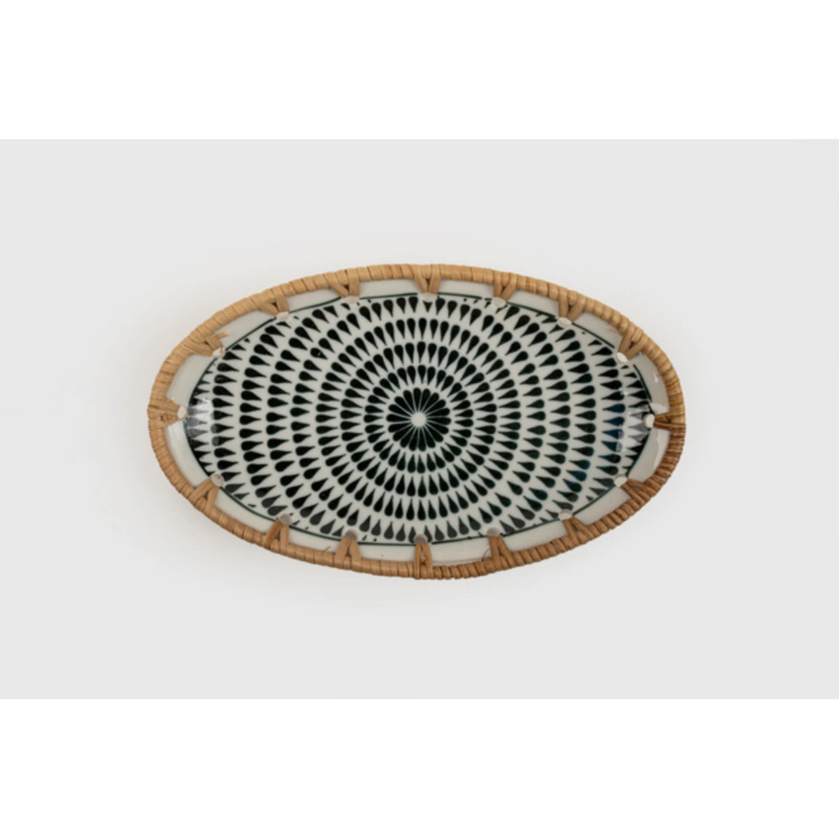 Manamo Brenna Plate Ceramic / Rattan Blue/White 20x12x2.5 cm