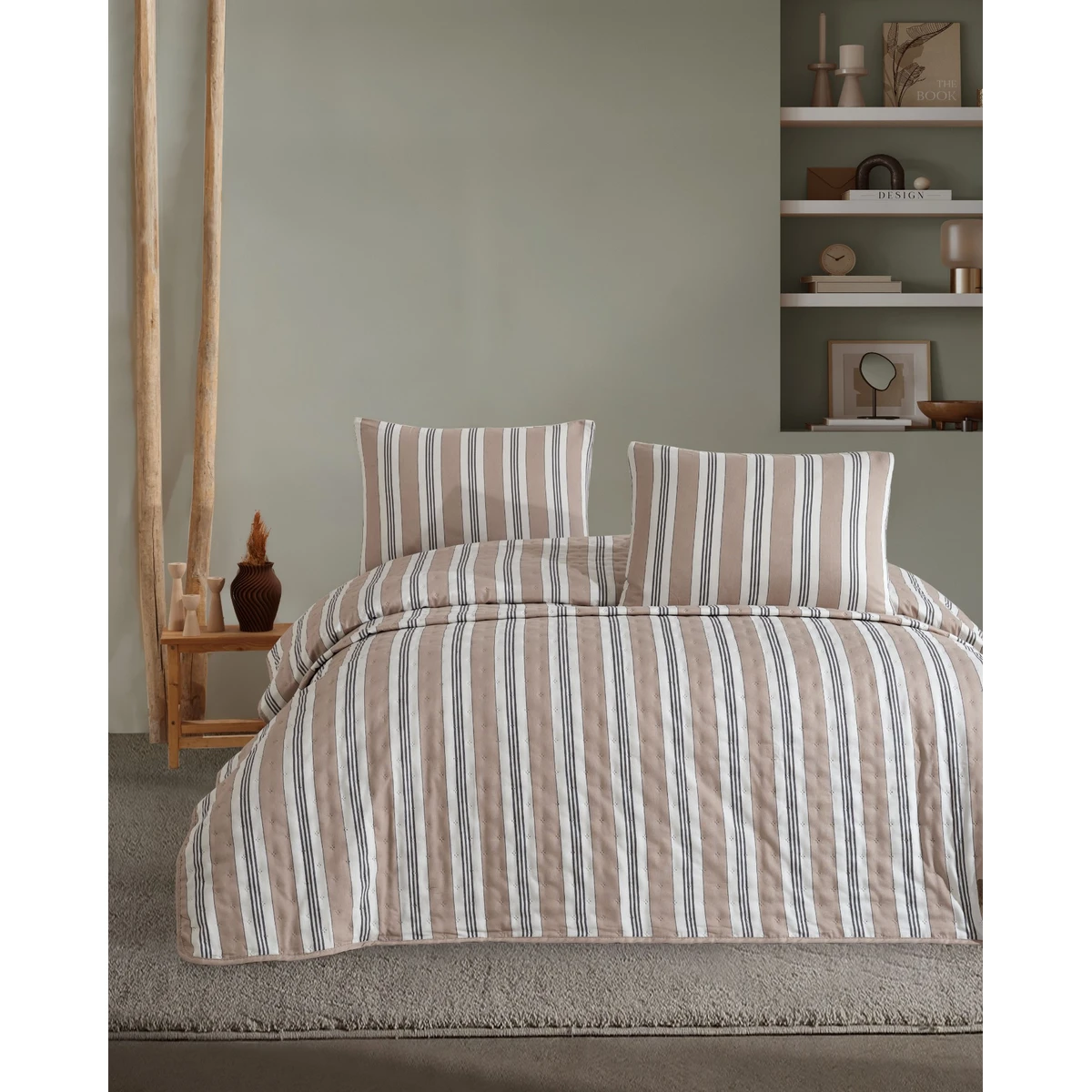 Manamo  Line Yarn Bed Cover Single Size  Beige 160x 230 cm