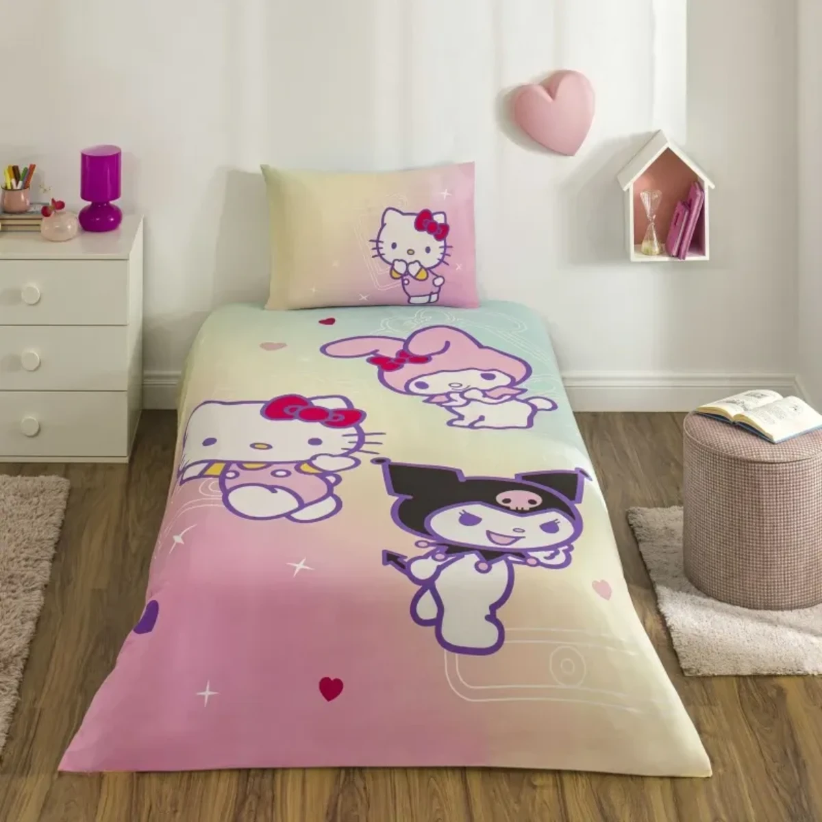 TAC Hello Kitty & Friends Bed Linen Set Cotton  Single With Fiitted Sheet 160x220+100x200+50x70 cm