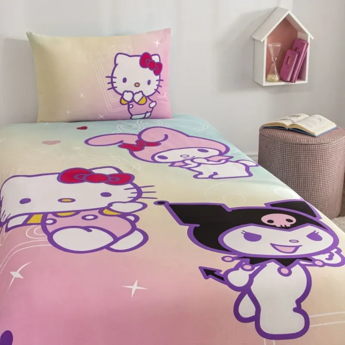 TAC Hello Kitty & Friends Bed Linen Set Cotton  Single With Fiitted Sheet 160x220+100x200+50x70 cm