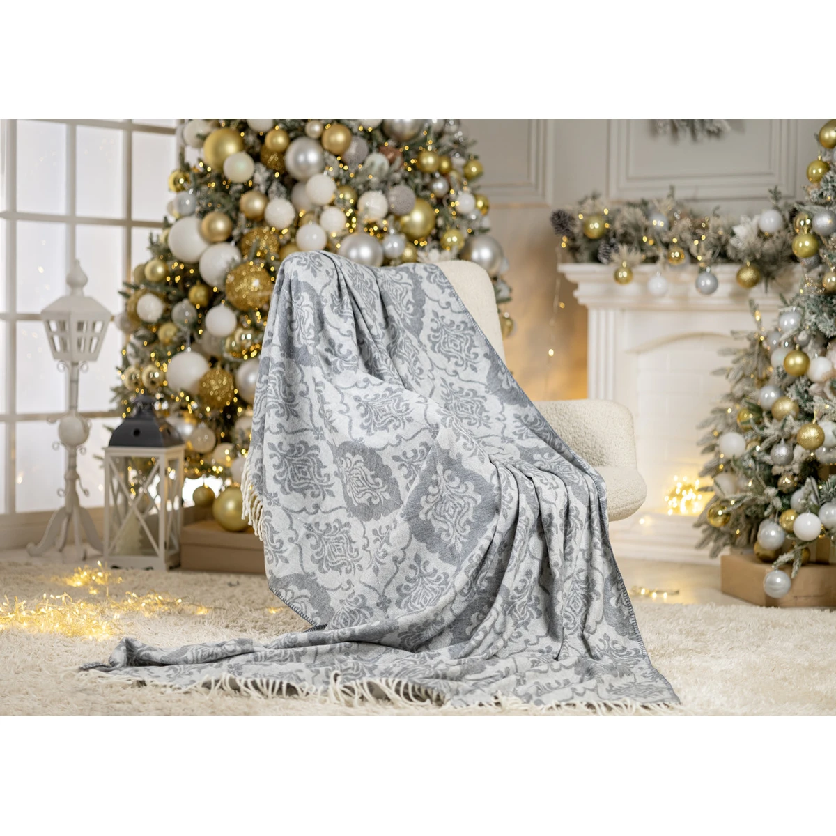 Manamo Damask Blanket Cotton/Acrylic Indigo/Silver 160x230 cm